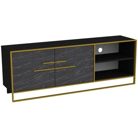 Meuble TV en bois noir effet marbre et métal doré Bali 160cm