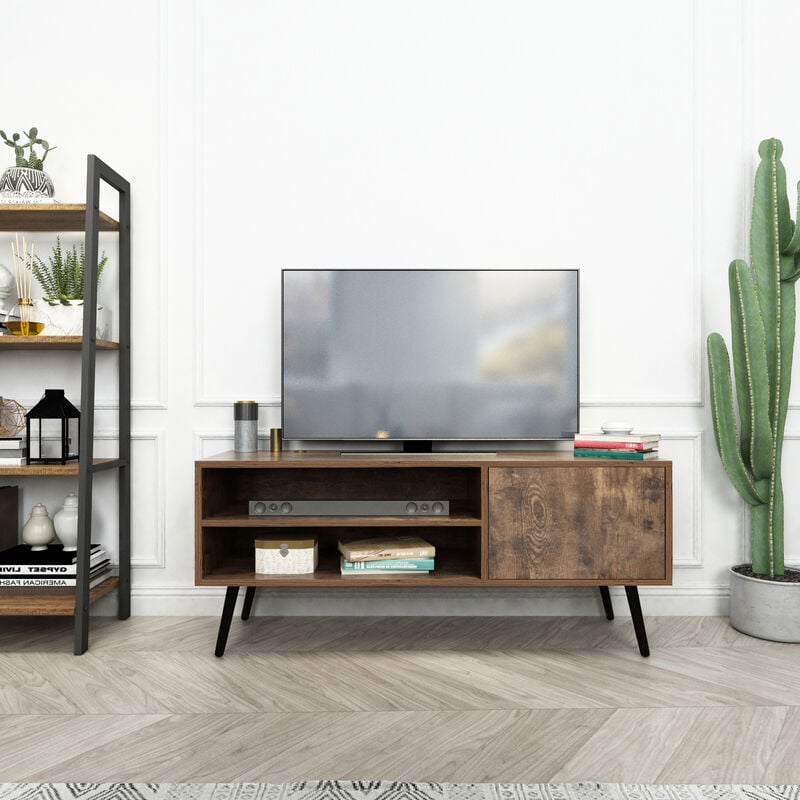 Mondeer - Meuble TV en bois Style industriel Pieds en métal avec étagères et trous de câble pour salon (1 porte)