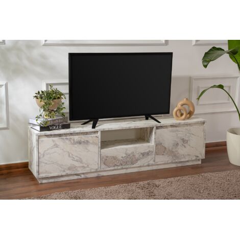 Meuble TV en marbre freesia 160 cm – Espace de rangement pour appareils multimédia – Design moderne pour salon – Panneau mélaminé 18 mm