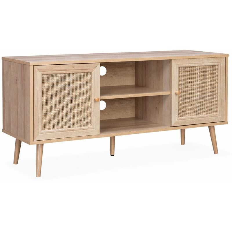 Meuble tv en cannage 120x39x56.5cm - Bohème - Naturel. 2 niveaux. 2 étagères. 2 portes. pieds scandinaves