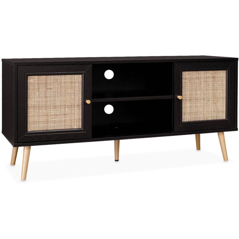 Meuble tv en cannage 120x39x56.5cm - Bohème - Noir. 2 niveaux. 2 étagères. 2 portes. pieds scandinaves