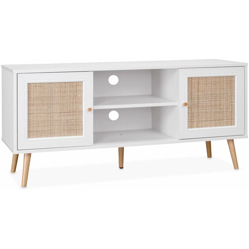 Meuble tv en cannage 120x39x56.5cm - Bohème - Blanc. 2 niveaux. 2 étagères. 2 portes. pieds scandinaves