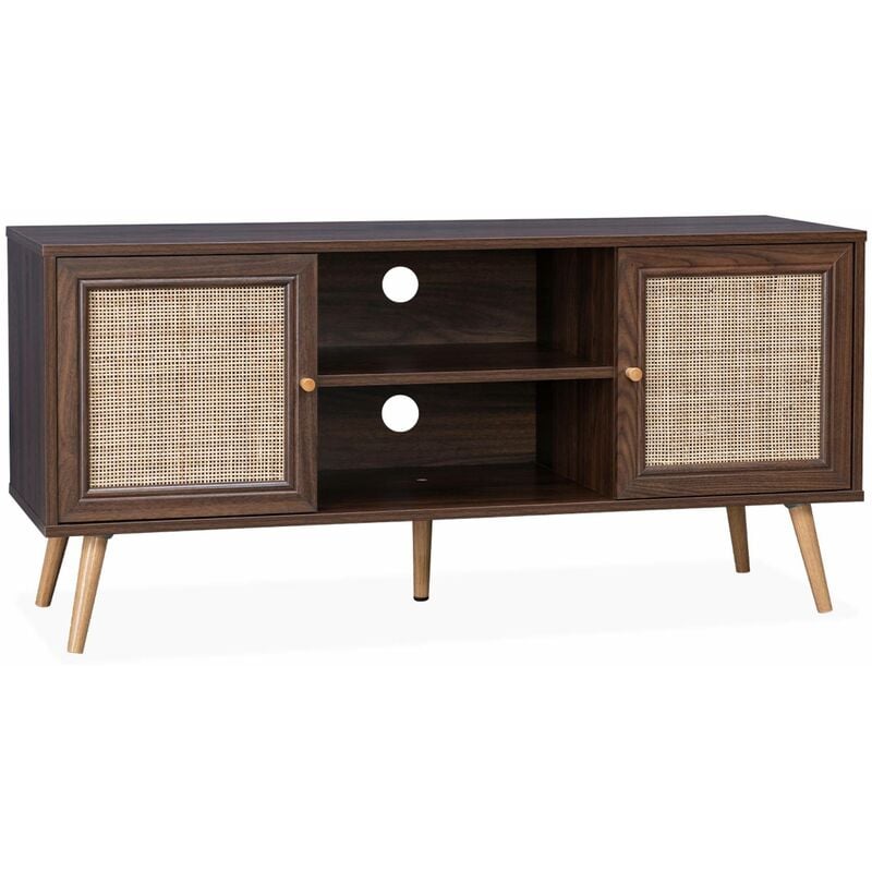 Meuble tv en cannage 120x39x56.5cm - Bohème - couleur bois foncé. 2 niveaux. 2 étagères. 2 portes. pieds scandinaves