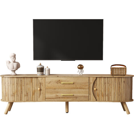 Meuble TV en forme de pois, avec rainures verticales, 2 portes coulissantes + 2 tiroirs, pieds en bois massif, aspect bois, MDF, style scandinave moderne