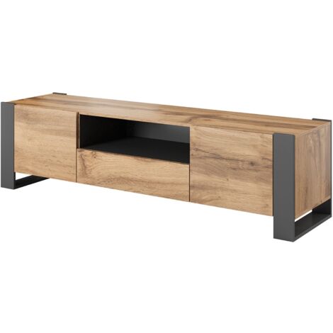 Meuble TV en frêne, buffet de salon avec trois portes battantes et trois compartiments intérieurs, surélevé du sol, 151x42 h60 cm, beige