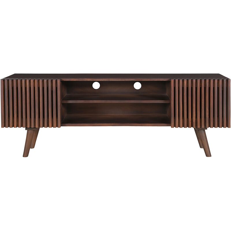 Meuble tv en manguier massif teinté bois foncé avec portes coulissantes L140 cm alba