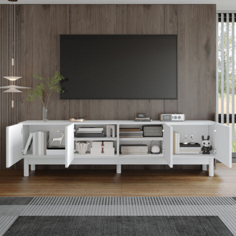 Meuble TV en MDF et panneaux de particules blanc 169x34x45,5 cm, 4 portes sans poignées, rangements intégrés