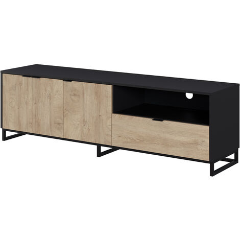 Meuble TV en mélamine coloris chêne clair et noir - Longueur 180 x profondeur 44 x Hauteur 54 cm -PEGANE-