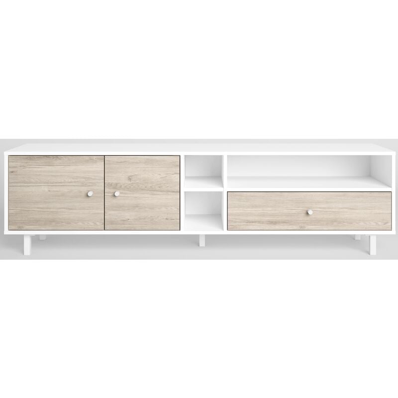 Meuble tv en mélamine blanc / chêne avec pieds en métal, meuble de rangement - Longueur 180 x Profondeur 40 x Hauteur 46.7 cm Pegane