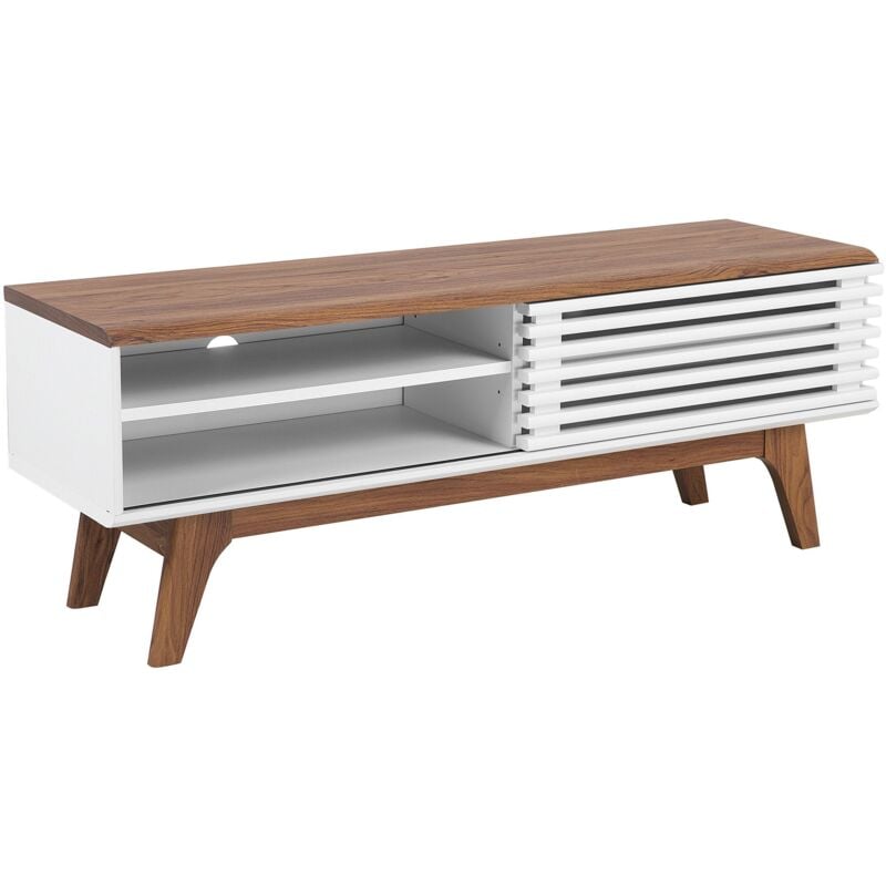 Meuble tv Bois Foncé et Blanc en mdf avec Porte Coulissante 1 Etagère Rétro Toledo ii