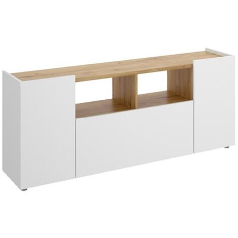 Meuble TV en panneaux de particules mélaminés coloris chêne/blanc - Longueur 141.7 x Profondeur 34.7 x Hauteur 43.8 cm -PEGANE-