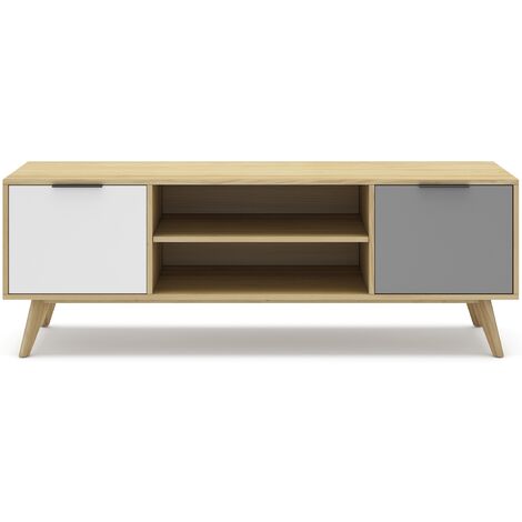 Meuble TV en pin massif chêne blanc et gris, meuble de rangement - Longueur 140 x Profondeur 40 x Hauteur 52 cm -PEGANE-