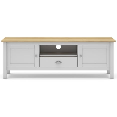 Meuble TV en pin massif chêne et blanc, meuble de rangement - Longueur 158 x Profondeur 40 x Hauteur 53 cm -PEGANE-