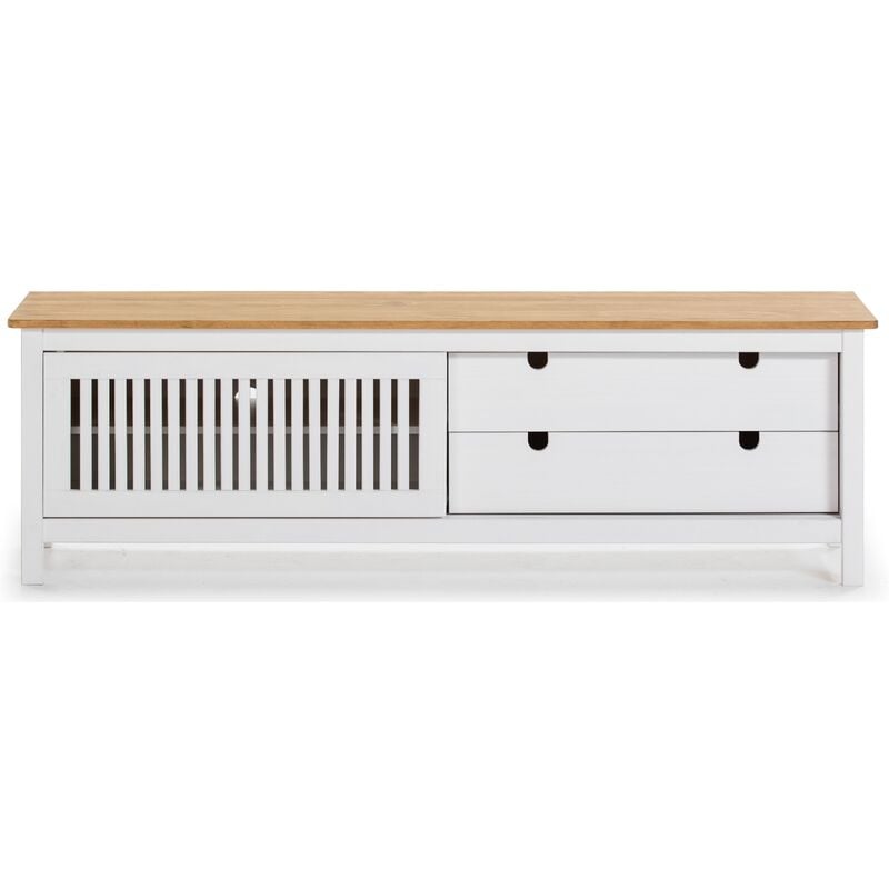 Meuble tv en pin massif décor ciré chêne et blanc, meuble de rangement - Longueur 158 x Profondeur 40 x Hauteur 49.6 cm Pegane