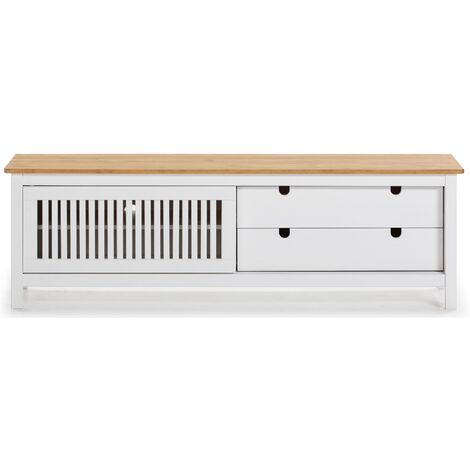 Meuble TV en pin massif décor ciré chêne et blanc, meuble de rangement - Longueur 158 x Profondeur 40 x Hauteur 49.6 cm -PEGANE-