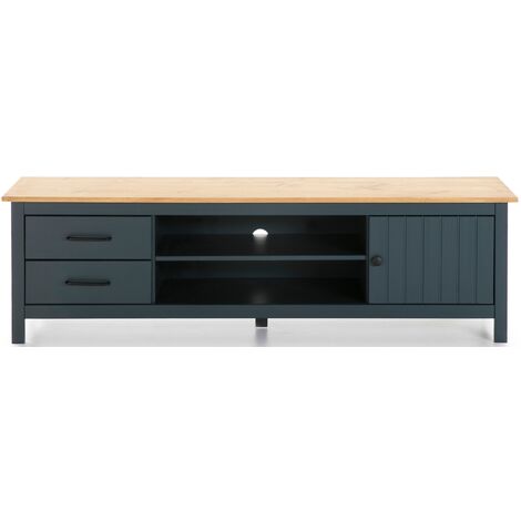 Meuble TV en pin massif décor ciré chêne et bleu, meuble de rangement - Longueur 158 x Profondeur 40 x Hauteur 47 cm -PEGANE-