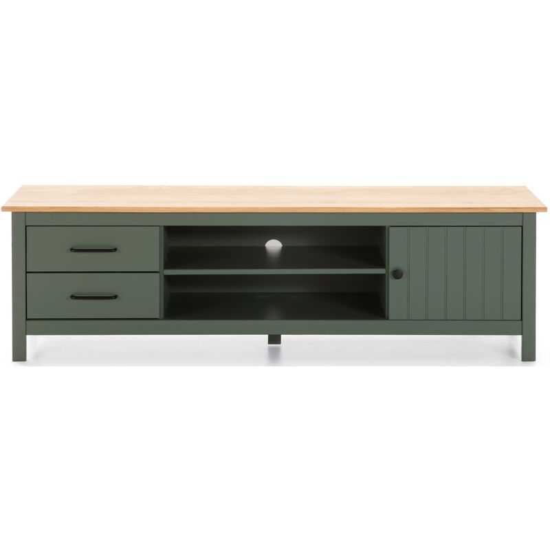 Pegane – Meuble TV en pin massif chêne vert – Longueur 158 cm, profondeur 40 cm, hauteur 47 cm – 1 porte, 2 niches, 2 tiroirs