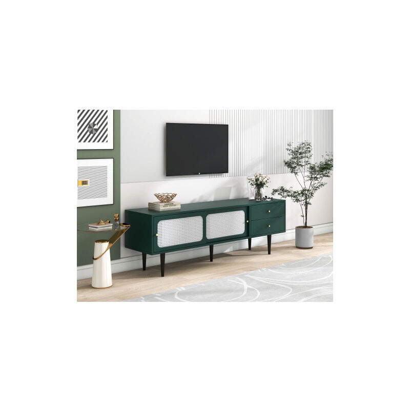 Meuble tv en plastique pe 180cm - 4 portes 4 compartiments - style contemporain - vert avec rotin blanc