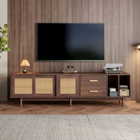 Meuble TV en rotin, avec 2 tiroirs et portes de rangement, sans poignées, 6 pieds en bois - Convient pour TV 75 pouces, design, 190 x 40 x 52 cm - Marron