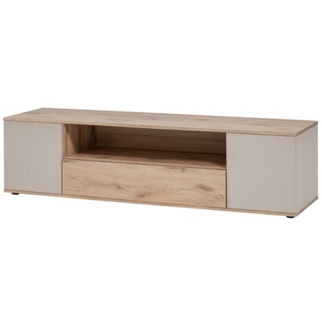 Meuble TV ERINA – 2 portes et 1 tiroir – Chêne clair et beige – 160 cm
