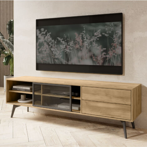 Meuble TV Estevan - Chêne Doré - Vitré - 2 Tiroirs - Largeur 180 cm, Hauteur 54 cm, Profondeur 39 cm