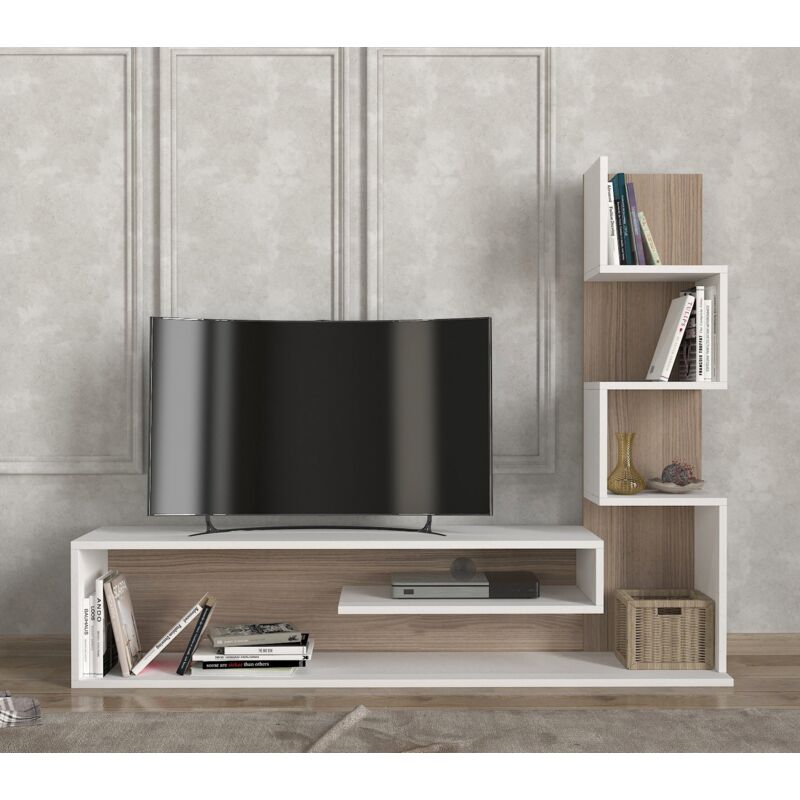 Meuble TV Scandinave 149.5x120.8x29.5 cm avec Bibliothèque Intégrée en Panneau de Particules Mélaminé - Blanc et Cordoba