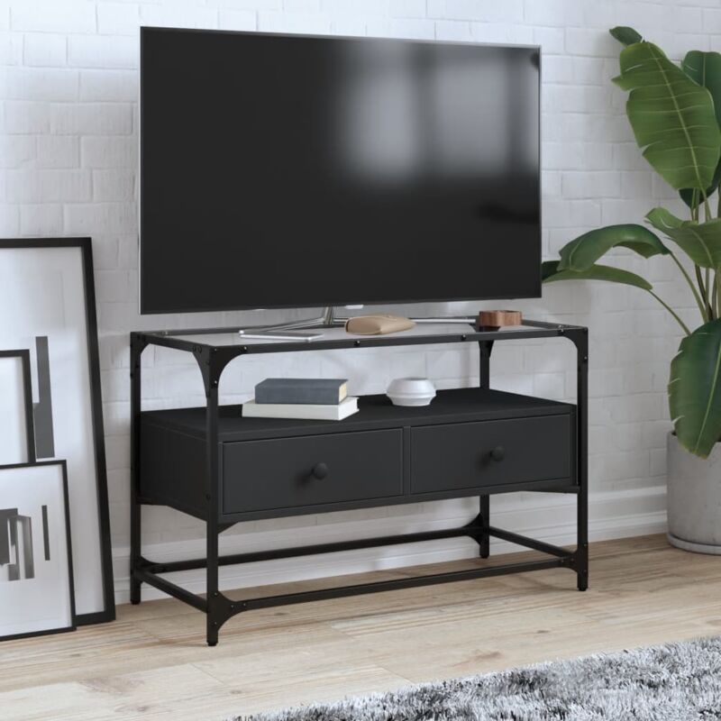 Meuble TV et dessus en verre noir 80x35x51 cm bois d'ingénierie vidaXL