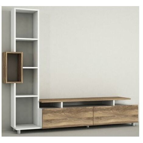 Meuble TV et étagère Vitally 160cm Bois Naturel et Blanc