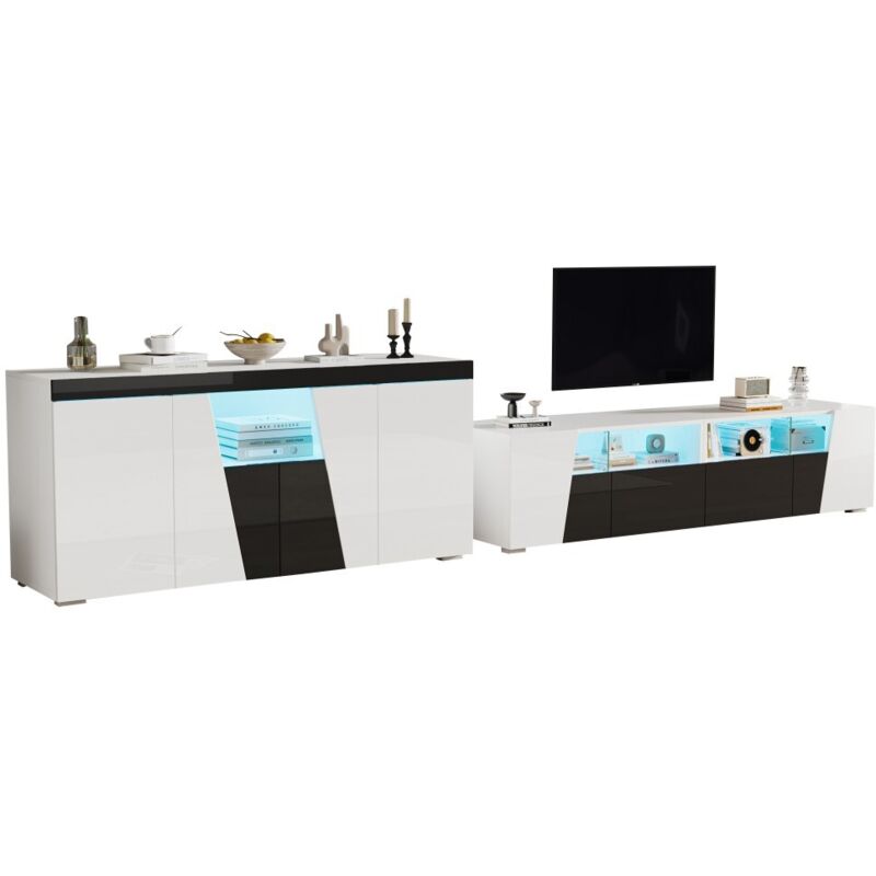 Meuble TV et support TV laqué avec LED-2 en 1 armoire d'appoint-buffet salon noir et blanc-180x38,5x45cm et 140x40x65cm