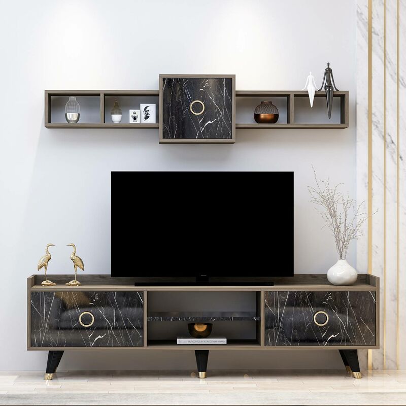 meuble tv et étagères murales mistery bois grisé et effet marbre noir - bois / noir