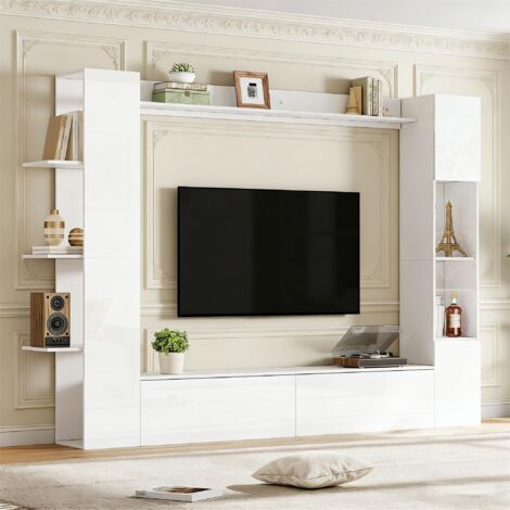 Meuble TV et vitrine, 4 pièces, blanc, avec porte réversible, rangement compact pour salon