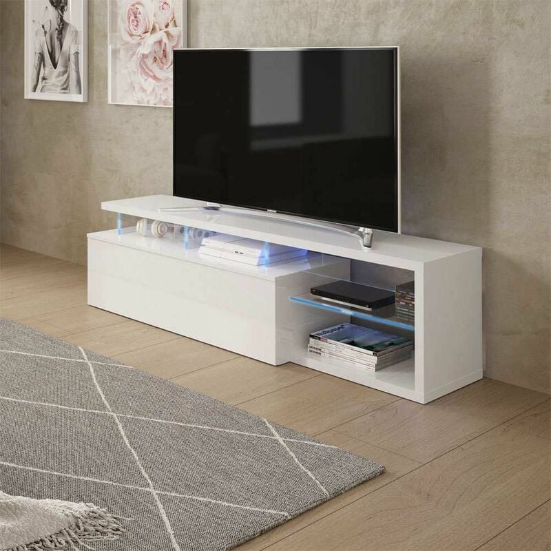 Hogar24 - Meuble tv Blue Tech Led 150 cm (largeur) x 43 cm (hauteur) x 41 cm (profondeur) - Blanc brillant