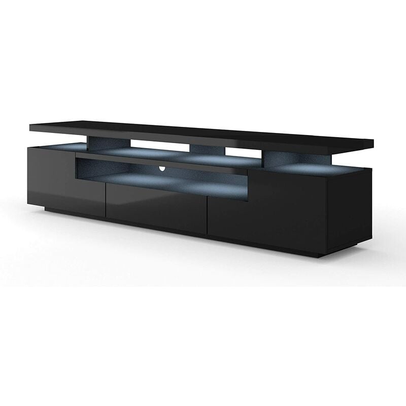 Bim Furniture - Meuble tv eva 195 cm panneau mdf noir brillant + led