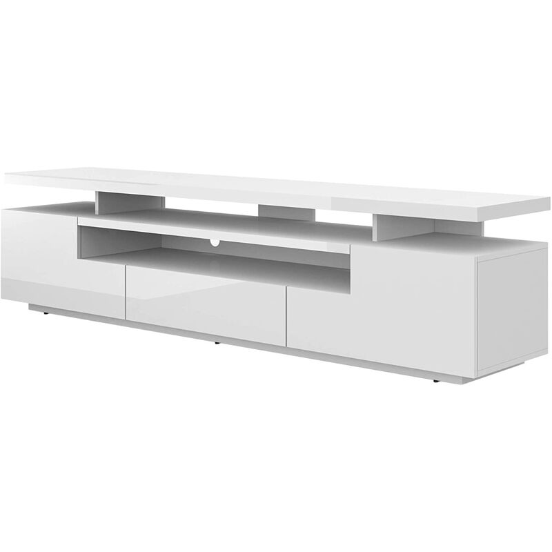 Meuble TV EVA 195x42x51H Cm structure blanc mat avec façades blanc brillant