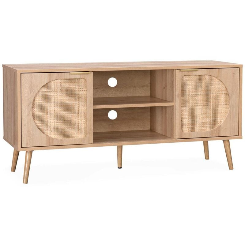 Meuble tv. Eva. décor bois et cannage arrondi 2 portes. 1 étagère L120 x l39 x H56.5cm