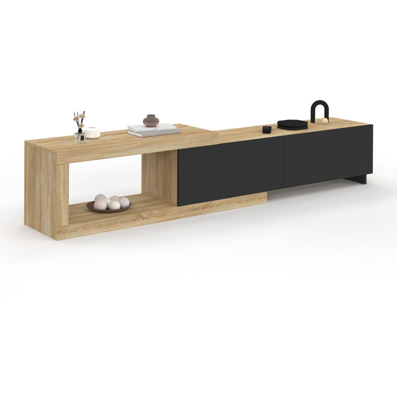Idmarket – Meuble TV extensible 140-200 cm – 2 portes en panneaux de particules bois et noir – Niche ouverte pour appareils multimédia