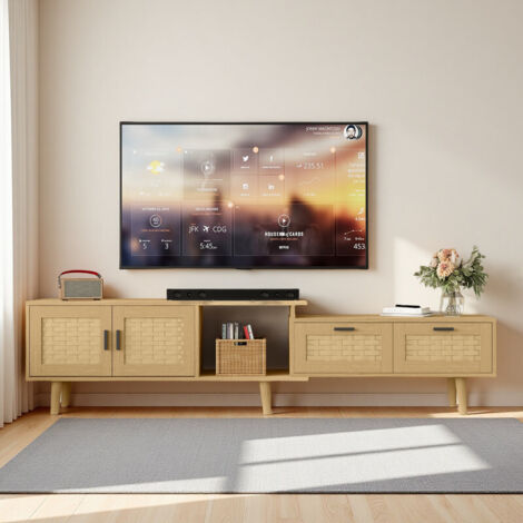 Meuble TV Extensible 146-180 cm, Banc TV avec 2 Portes et 2 Tiroirs, Imitation Rotin PVC, Pieds en Bois de Caoutchouc, Couleur Chêne
