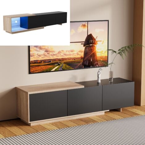 NMONET Meuble TV extensible 160-240 cm, banc télé style scandinave, avec 3 tiroirs de rangement, étagères ouvertes et bandes LED sensibles - Noir