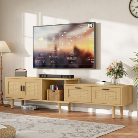 Meuble TV extensible 180 cm, Banc TV avec 2 Portes et 2 Tiroirs, imitation rotin PVC, rangements et pieds bois,Pour TV jusqu'à 75,couleur chêne
