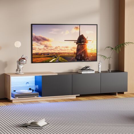 Meuble TV Extensible avec Bande LED à Capteur - 163-240x38x44cm - Télévision 65 Pouces Max - Noir et Bois Chêne Clair