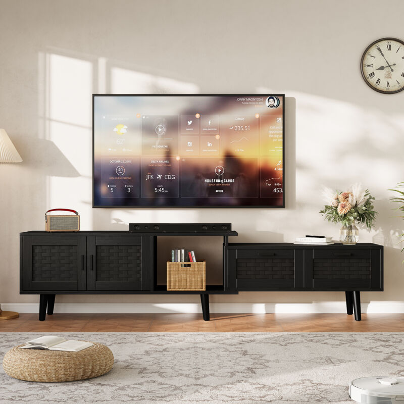 Meuble TV extensible en bois, 146 à 180 cm, meuble TV 180 cm, avec 2 portes et tiroirs en rotin tressé de rangement, banc télé style rustique - Noir