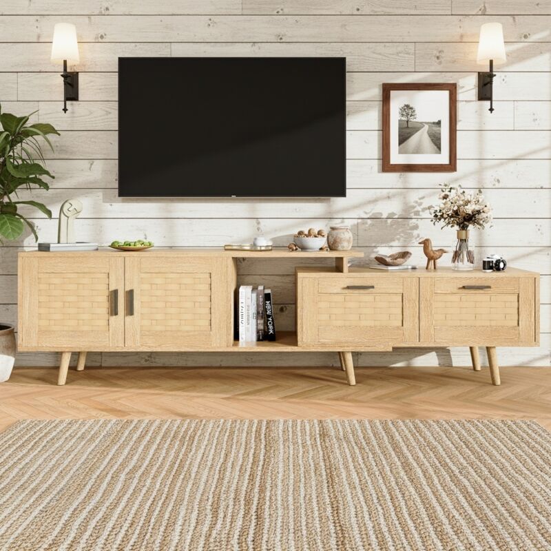 Nmonet – Meuble TV extensible en bois 146-180 cm – 2 portes et tiroirs en bambou tressé – Style rustique – Couleur naturel