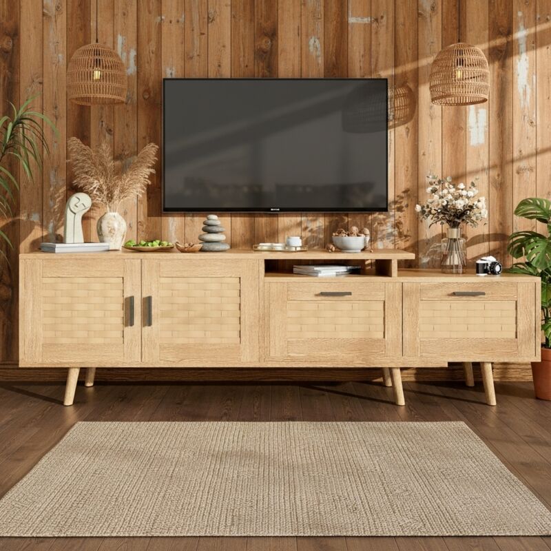 Nmonet – Meuble TV extensible en bois massif 146-180 cm – 2 portes et 2 tiroirs en bambou tressé – Style rustique – Couleur bois naturel