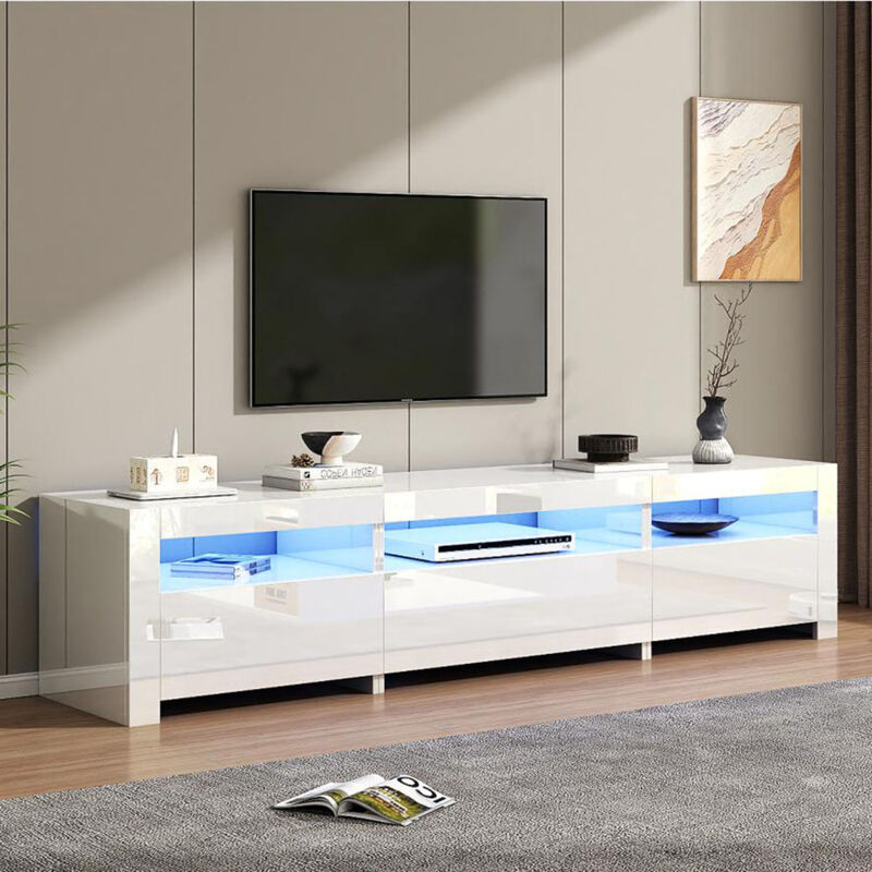 Meuble tv extra-plat blanc avec led (80') – Porte rabattable et rangement intégré (190 x 24 x 40 cm)