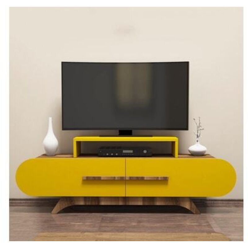 Meuble TV façade ovale Ellipsis 145cm Panneau Bois Naturel Jaune