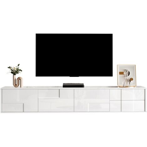 Meuble TV flottant blanc laqué brillant sans poignées - 3 portes 2 tiroirs - Rangement salon moderne - 170x30x30,5cm