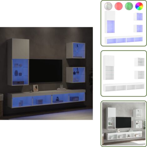 Meuble TV flottant - vidaXL Unités murales TV avec LED 5 pcs blanc bois d'ingénierie - Lumière LED RVB