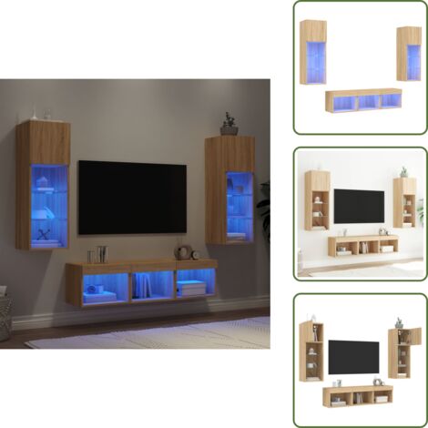 Meuble TV flottant - vidaXL Unités murales TV avec LED 5 pcs chêne sonoma bois d'ingénierie - Lumière LED RVB