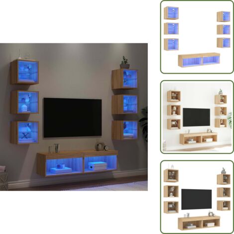 Meuble TV flottant - vidaXL Unités murales TV avec LED 8 pcs chêne sonoma bois d'ingénierie - Lumière LED RVB
