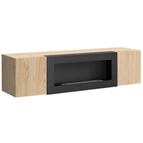 Meuble TV FLY – 2 portes + cheminée bio-éthanol intégrée – Chêne clair
